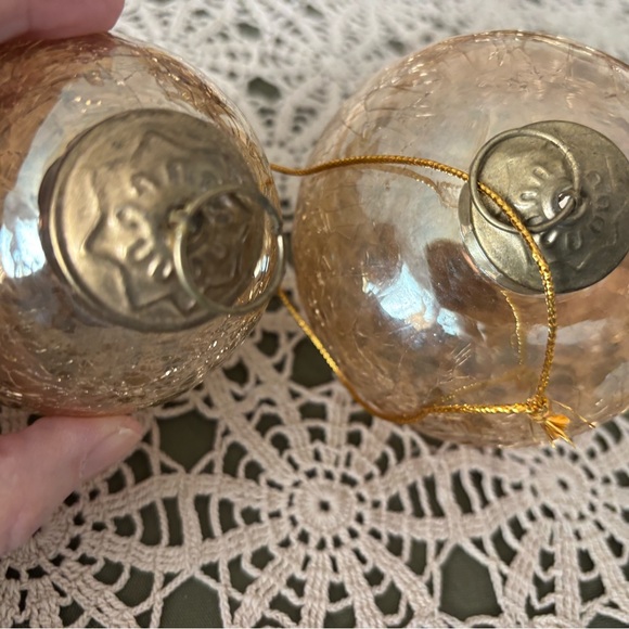 2 Kugel style crackled glass amber /gold glass ornaments. Heavy. Preloved 3.5” - Picture 3 of 11